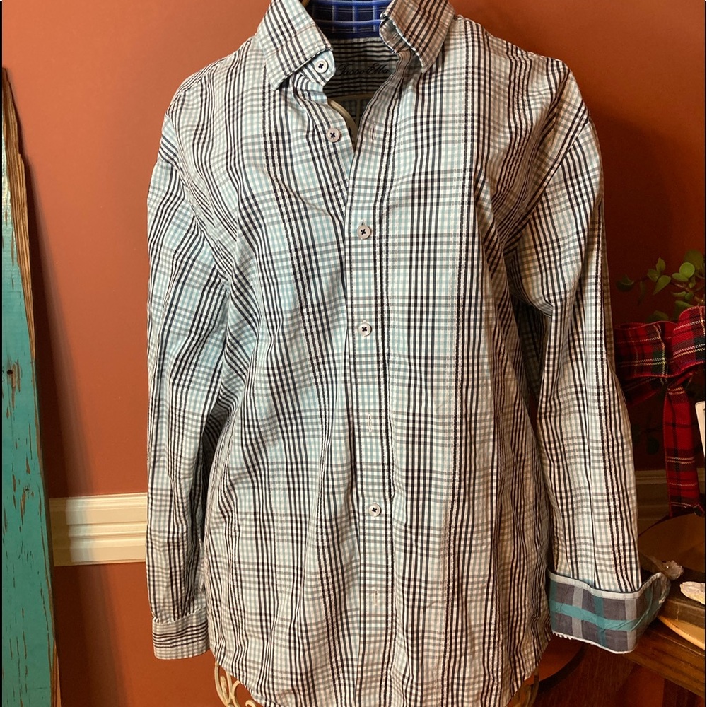 Tasso Elba Mens Shirt Size L 16-16.5 Blue checked pattern
